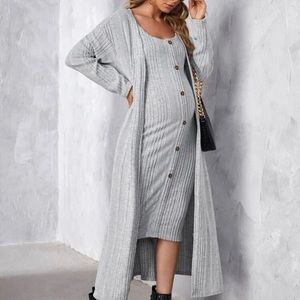 Maternity ribbed button lounge dress with long cardigan